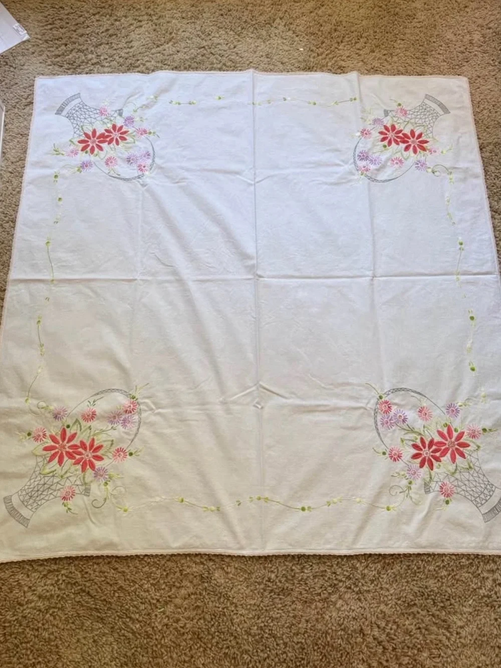 Vintage Embroidered Pink Green Floral Basket Tablecloth Grandmacore Cottagecore